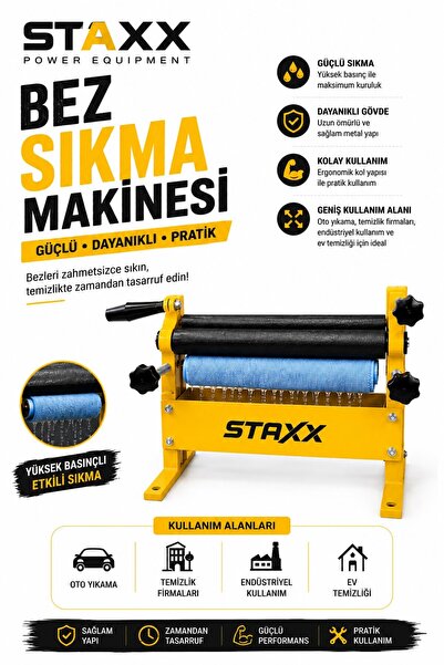 STAXX POWER Profesyonel Sanayi Tipi Bez Sıkma Makinesi Güçlü Merdaneli Oto Yı...