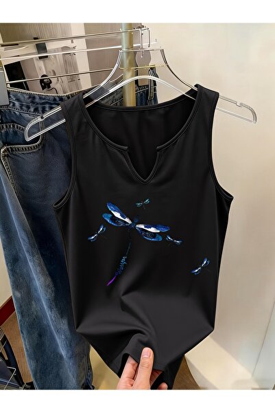 Deocept Women's Blue Dragonfly Printed Half V-Neck Sleeveless Regular Fit Cas...