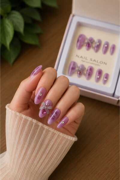 Kinlee Lüks Tasarım Takma Tırnak 10'lu Set – Taşlı Fiyonklu Nude Press On Nail