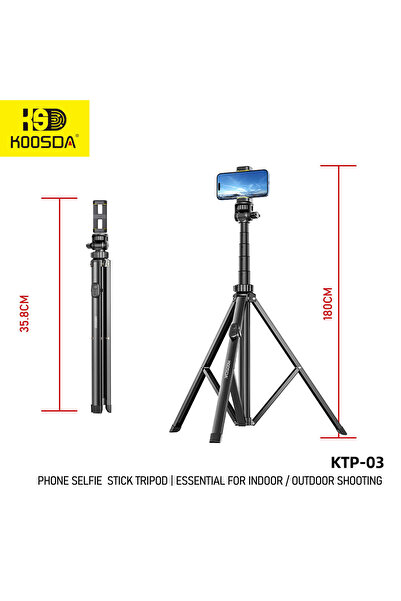 Koosda عصا سيلفي KTP-03 بطول 1.8 متر مع حامل ثلاثي القوائم - معززة وقابلة للت...