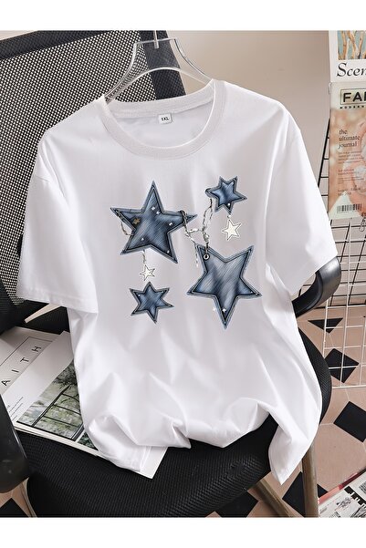 121 Women's Plus Size Crew Neck White Star Print T-Shirt - Casual, Short Slee...