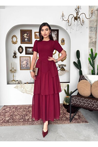 Dilek Vardar Burgundy Layered Chiffon Detailed Long Dress