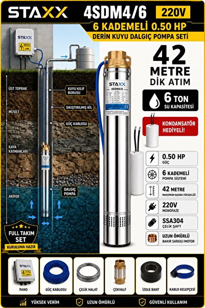 STAXX POWER 4SDM4/6 Derin Kuyu Dalgıç Pompa Seti 0.50HP 42 Metre Full Takım B...