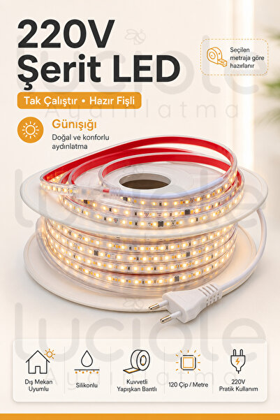 luciole 11 Metre 220V Günışığı Şerit LED Hazır Fişli Tak Çalıştır Silikonlu Y...