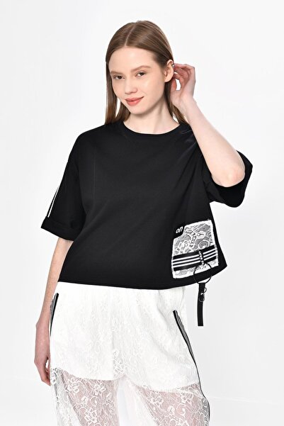 DQMANE Şehir Çizgileri Oversize Siyah Bluz