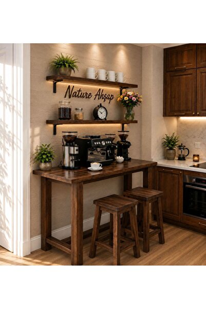 NATUREE AHŞAP 2 Tabure + 2 Raf + 60 x 120 Bar Masası Özel Tasarım Takım(yükse...