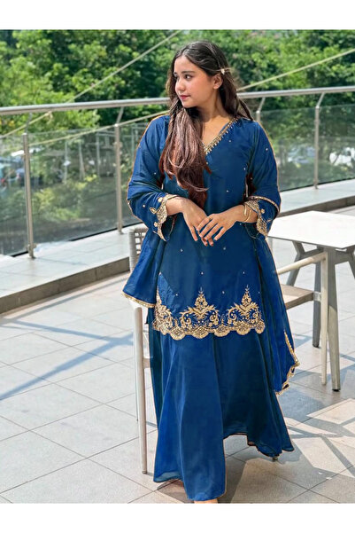 MYSMAR Blue Heavy Faux Georgette Embroidered Suit Set with Dupatta - HRT6600 ...