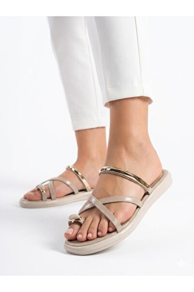 Lütfi Women's Beige Gold Ring Detailed Soft Sole Casual Flip Flops