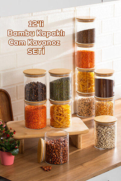 Porsima 1-4 Bamboo Vacuum Lids Round Borosilicate Glass 12-Piece Jar Set Stor...
