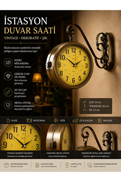 KOLAYEV Dekoratif Eskitme İstasyon Saati Çift Taraflı Vintage Metal Duvar Saati