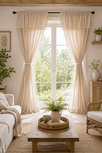 cotton maison Cozy Boho Naturel Püsküllü Fon Perde - Tek Kanat, rustik ve Korniş Uyumlu