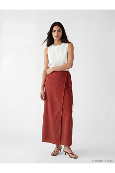 LC Waikiki Women's Linen Blend Slit Skirt with Waist Tie