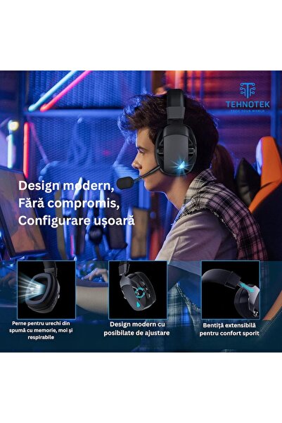 TehnoTek Căști de gaming wireless TehnoTek, Bluetooth, conexiune wireless, difuzoare de 50mm, autonomie de 30h, culoare neagră