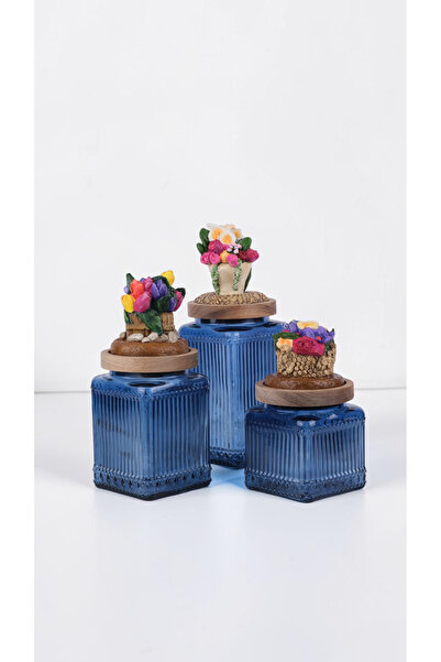 byUZUNOĞLU Decorative Acacia Lid Glass Storage Set of 3 - Arrangement Flower ...
