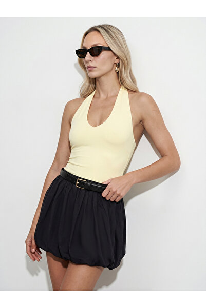 Dilvin 21231 Halter Neck Bodysuit-Light Yellow