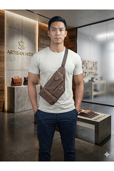 Capreolus Leather Capreolus Hakiki Deri Unisex Çapraz Göğüs Çantası kahve rengi