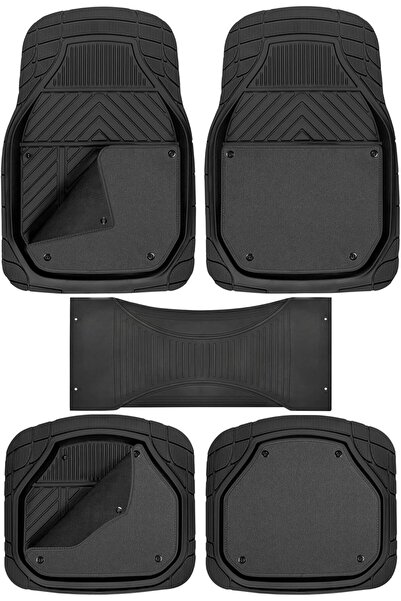 Auto Family FZE 74 * 50cm 5 Pcs Set Car Floor Mats, Carpeted Floor Car Mat with black Rubber Design & Built-in Heel Pad, Anti-Slip Waterproof Car Mats, Front, Rear & Center Mats (Black)