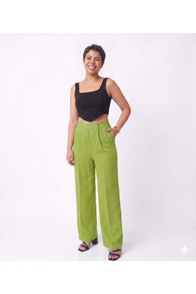 GAMZE ALPTEKİN Beli Velcro Closure Palazzo Trousers Ayrobin Linen Fabric High...