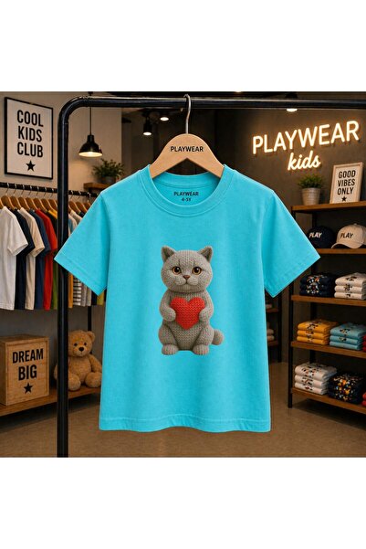 playwear Gray Heart Cat Printed 100% Kids Unisex T-Shirt 5 6 -7 8-9 10 -11 12...