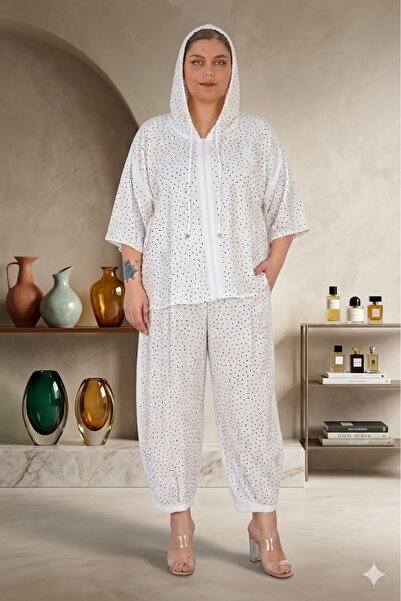DARKWIN Plus Size Hooded Polka Dot Zippered Mom Pants Women's Two-Piece Set