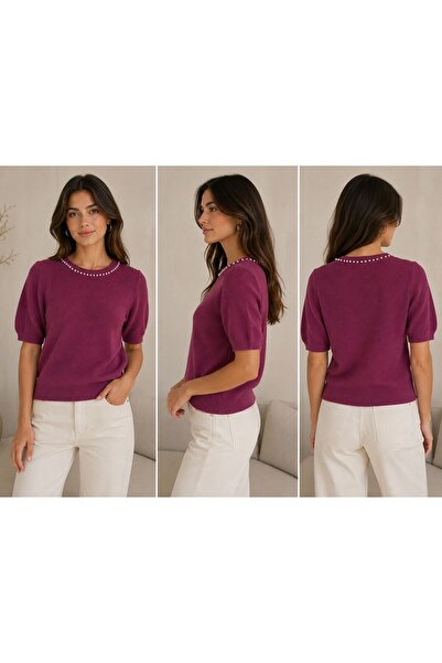 Pozitif Stylish Tricot T-Shirt with Collar, Pearl and Stone Details