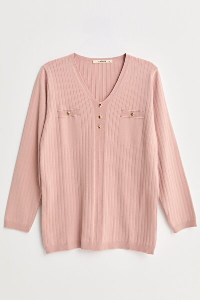 Nihan Plus Size V-Neck Viscose Sweater - Powder
