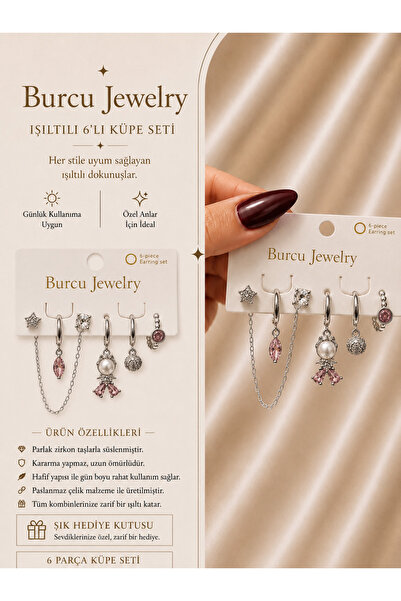 BURCU JEWELRY مجموعة أقراط لامعة مكونة من 6 قطع