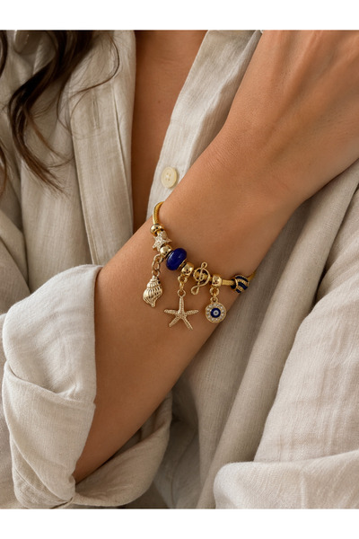 Liva Group Atelier Steel Charm Blue Stone Evil Eye Handcuff Bracelet