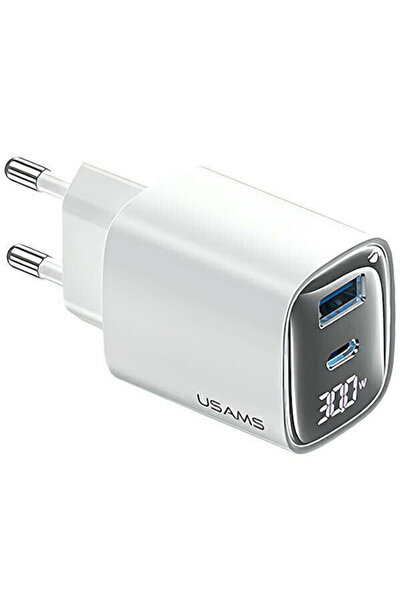 Usams Φορτιστής χωρίς καλώδιο GaN με θύρα USB-A και θύρα USB-C 30W Λευκός (CC...