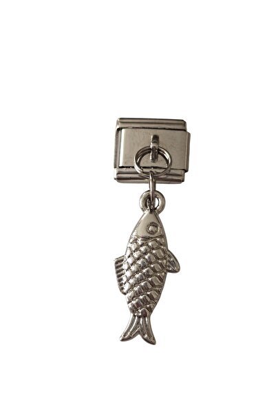 Sibelya Aksesuar Italian Charm with Stone and Lucky Fish Figure, Silver Steel...