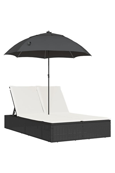 vidaxl Șezlong dublu cu perne/umbrelă de soare, negru, poliratan