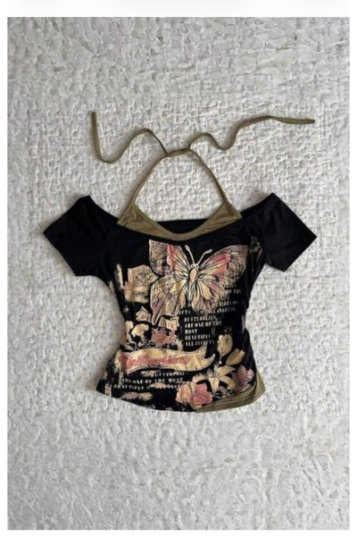 Köstebek Madonna Collar Butterfly Additional Strap Short Sleeve Inner Body Bl...