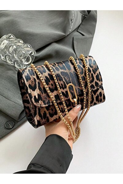 Generic Vintage Leopard Print Drawstring Mini Bag, Double Metal Shoulder Stra...