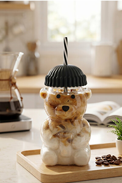 MAKRİ HOME Teddy Bear Design Glass Flask with Straw and Protective Cap 600 ml...