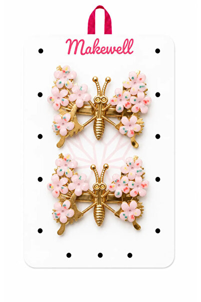 MakeWell Pink Flower Detailed Automatic Clasp Hair Clip – Gold Metal Large Si...