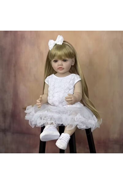 LunaDefano Lara Bebek 55 Cm Tam Vinil Yenidoğan Bebek Uzun Sarı Saçlı Beyaz E...