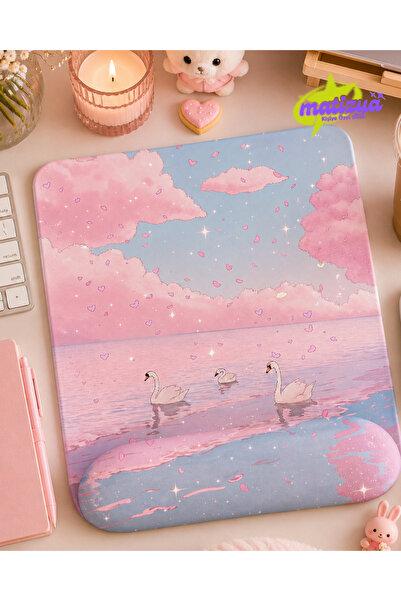 matizya Kuğulu Sakura Desenli Kare Bilek Destekli Mousepad 19x23 cm Ergonomik...