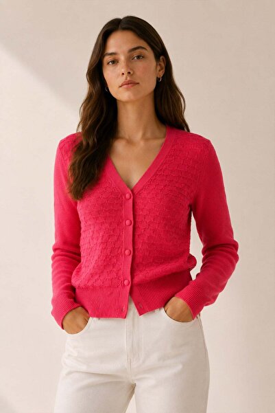 Ferraro Fuchsia V-Neck 100% Organic Cotton Buttoned Women's Knitwear Cardigan