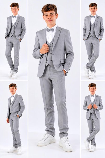 AYKİDSCLUP Boy's Groom Suit Gray - Jacket & Shirt & Trousers & Bow Tie & Vest Suit 5735-