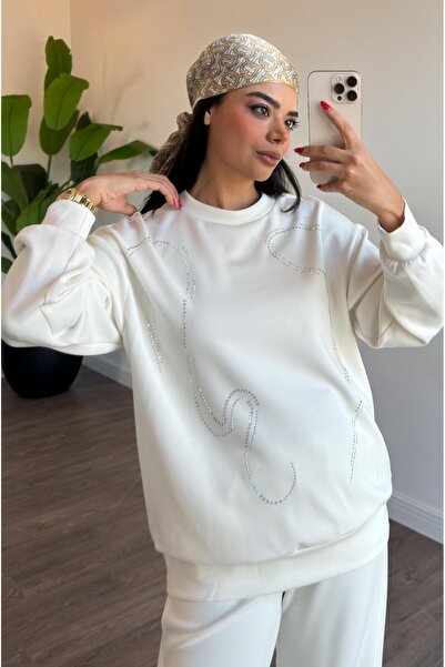 Puane Taş İşleme Detaylı Basic Sweat Tunik - Ekru