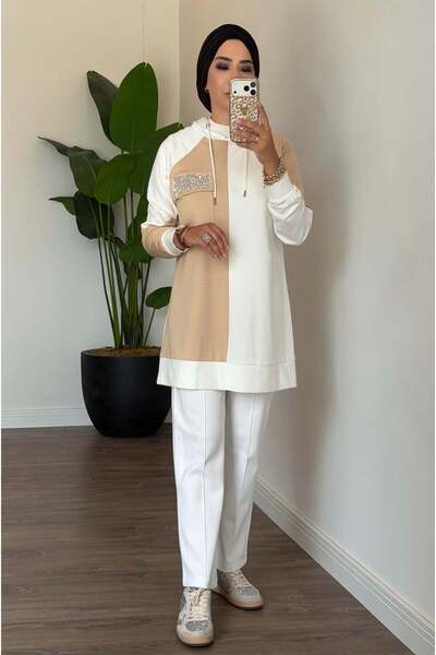 Moodbasic Cebi Taşlı Kapüşonlu Tunik - Bej