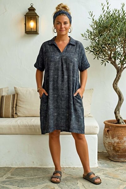 Chiccy Anthracite Shirt Collar Short Sleeve Patterned Casual Viscose Woven Dr...