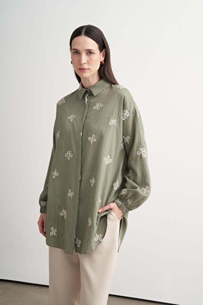Moodbasic Nakış Detaylı Çizgili Gömlek - Haki