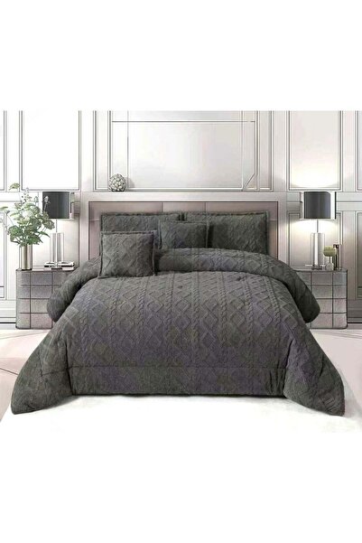 Comfy طقم لحاف فاخر منقوش باللون الرمادي الداكن مقاس كينج 6 قطع