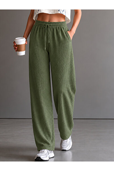 dont quıt Women's Wrinkled Fabric Comfortable Fit Pants Green
