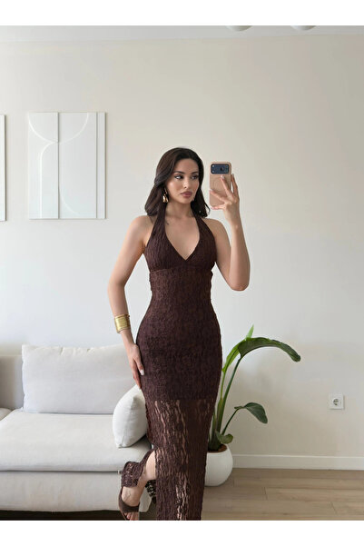 Zoom Butik Boyun Bağlamalı Güpürlü Elbise - KAHVE