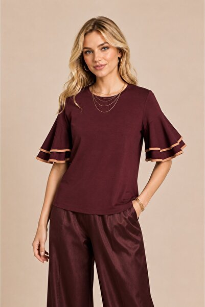MAMAYAGA Women's Crew Neck Sporty Stylish Ruffle Sleeve Design Blouse