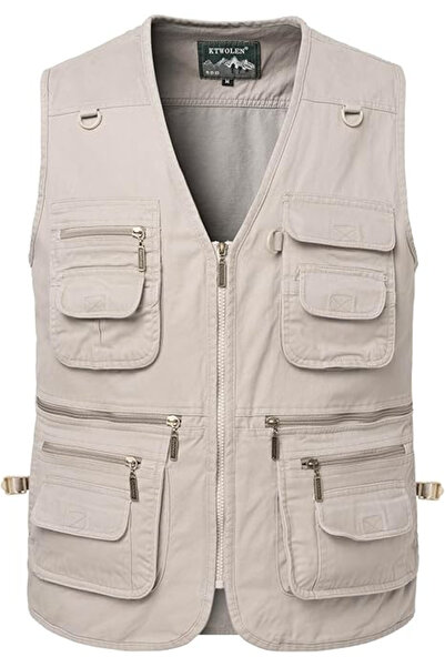OEM Cream denim vest with zipper and pockets for outdoor activities, 3XL