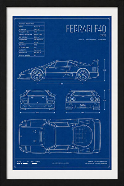 FERRARI F40 Blueprint Line Art | Limited Edition A3 |