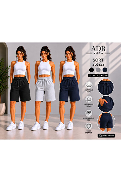 ADR MODA 3’lü Şort Seti Siyah Gri Lacivert Rahat Kalıp Günlük Spor Şort İç Gö...